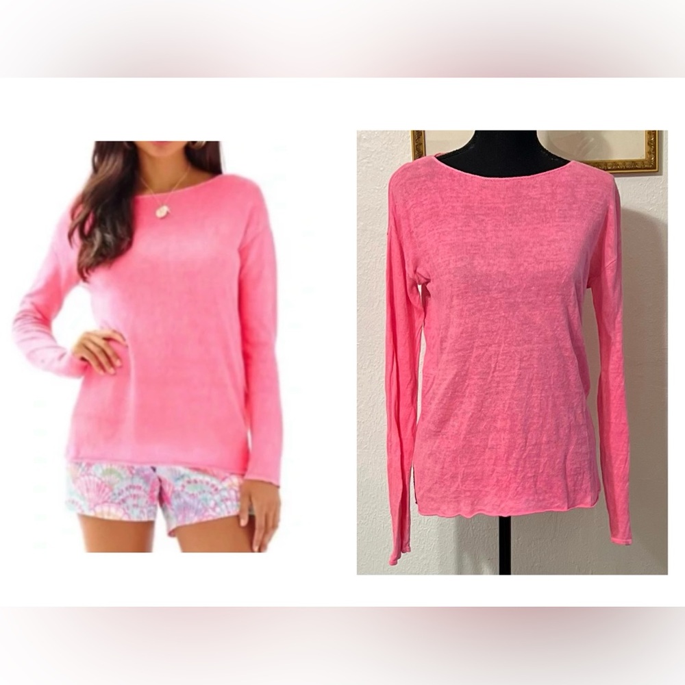 Lilly Pulitzer 💯 Linen Vibrant Pink Long Sleeve Top Beach Summer Travel Vacation